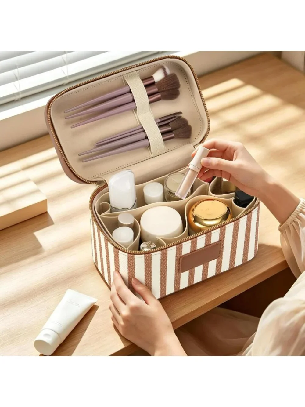 Stylish Waterproof Makeup Bag - Travel Toiletry Organizer with Brush Holder